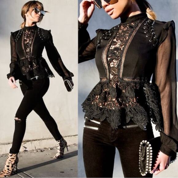 Self-Portrait Tops - Self-Portrait Floral Giupure Lace Mock Neck Sheer Puff Long Sleeve Peplum Top
